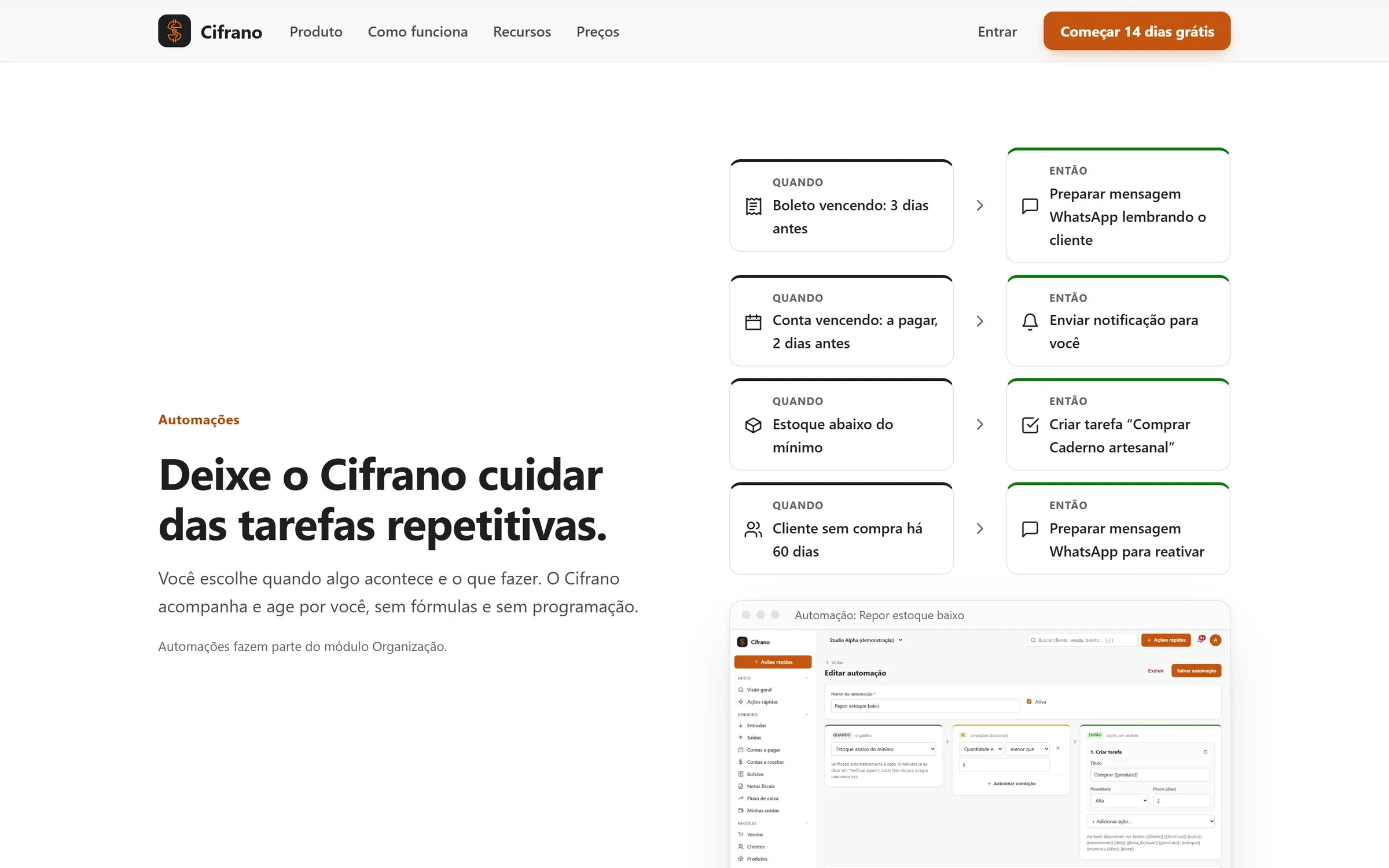Seção de automações do Cifrano com regras quando/então