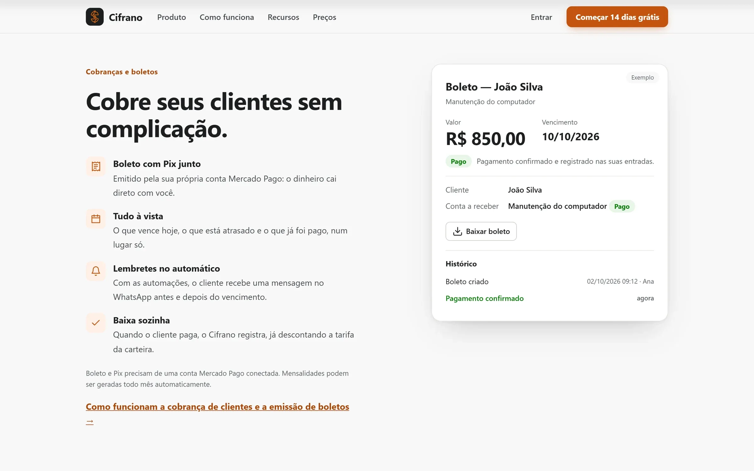 Seção de cobranças e boletos do Cifrano