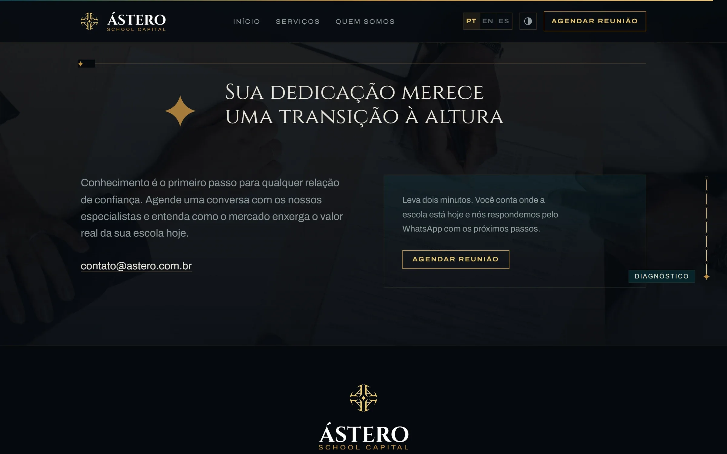 Seção final do site da Ástero com agendamento de reunião