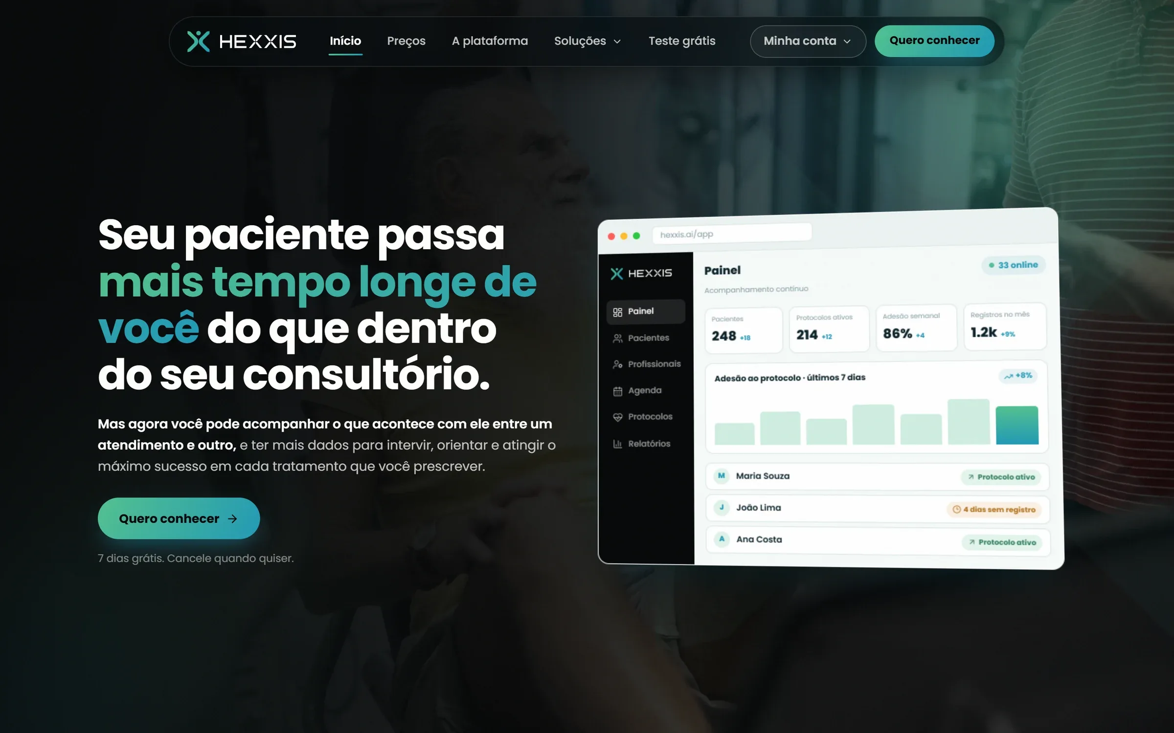 Landing page do Hexxis: Seu paciente passa mais tempo longe de você do que dentro do seu consultório