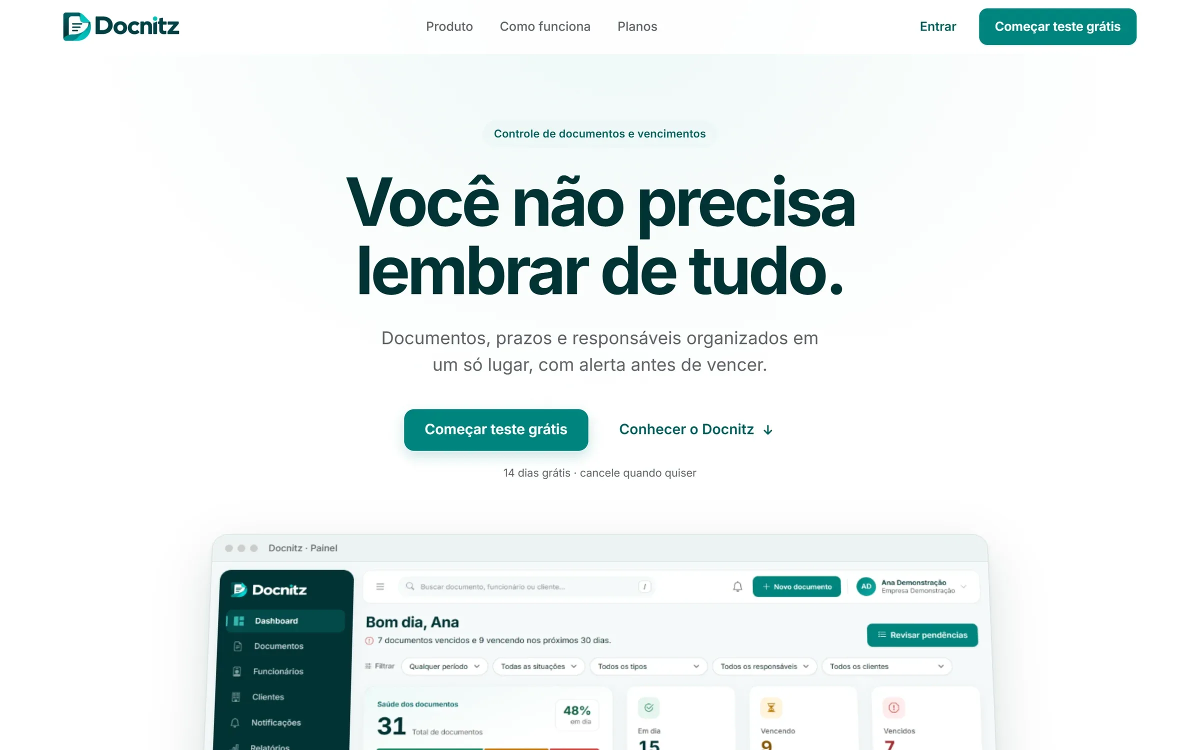 Landing page do Docnitz: Você não precisa lembrar de tudo
