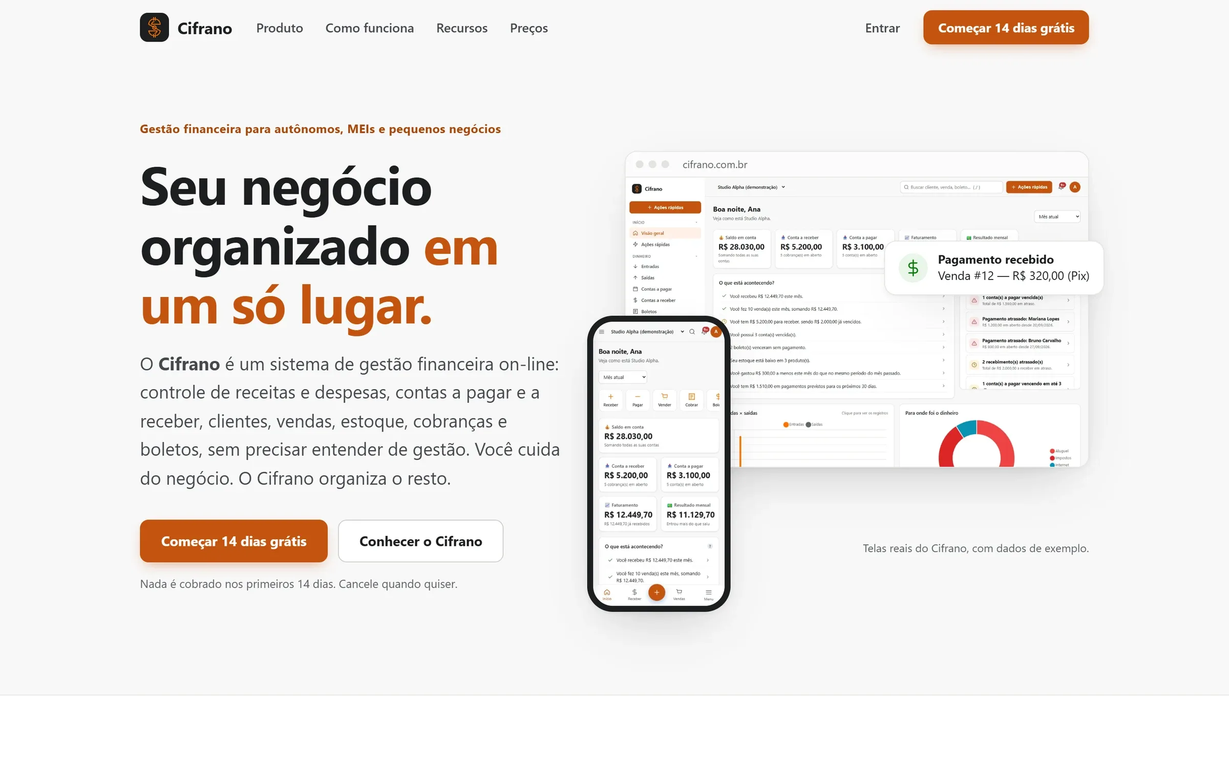 Landing page do Cifrano: Seu negócio organizado em um só lugar