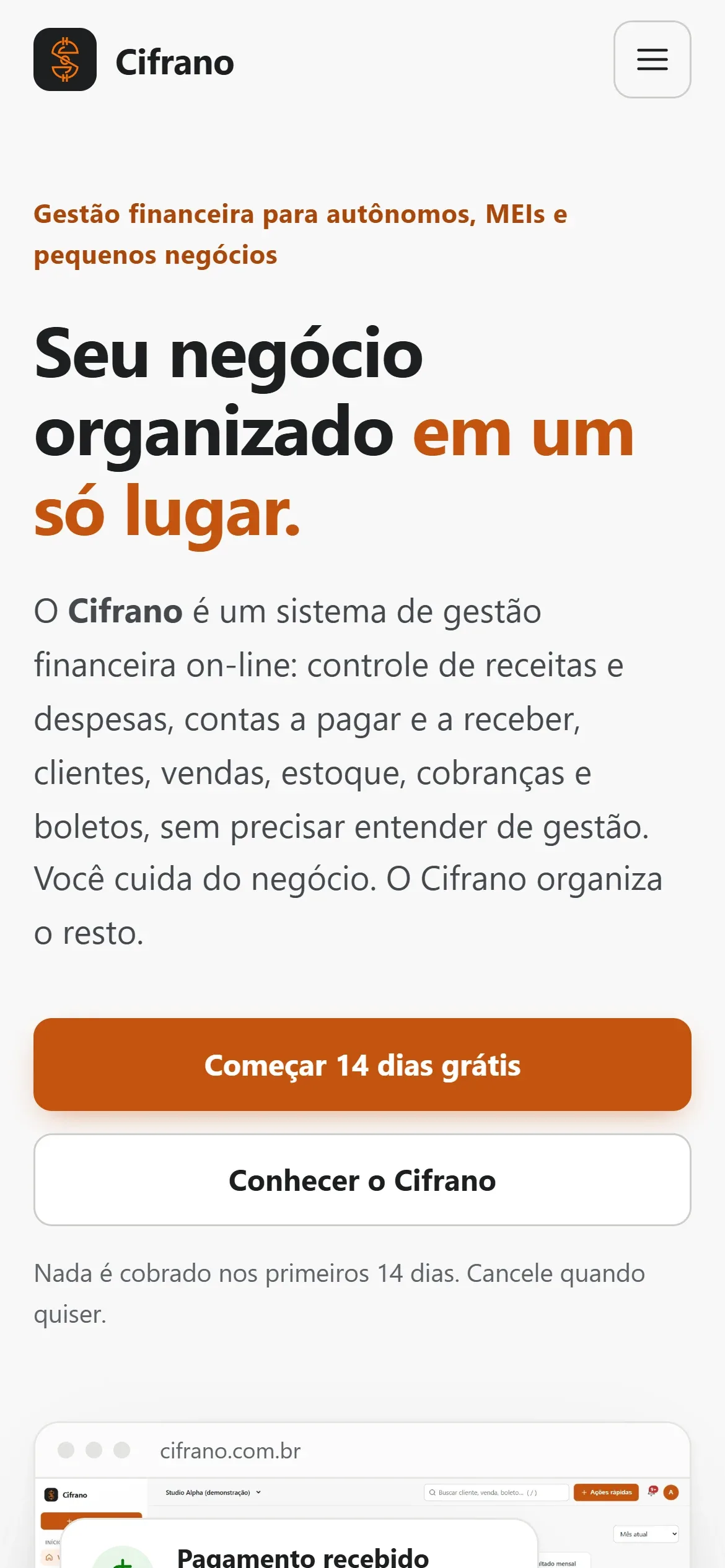 Landing page do Cifrano no celular
