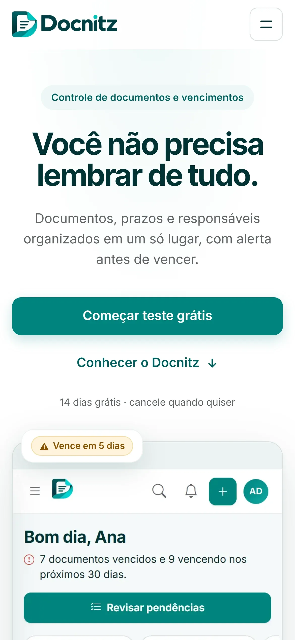 Landing page do Docnitz no celular