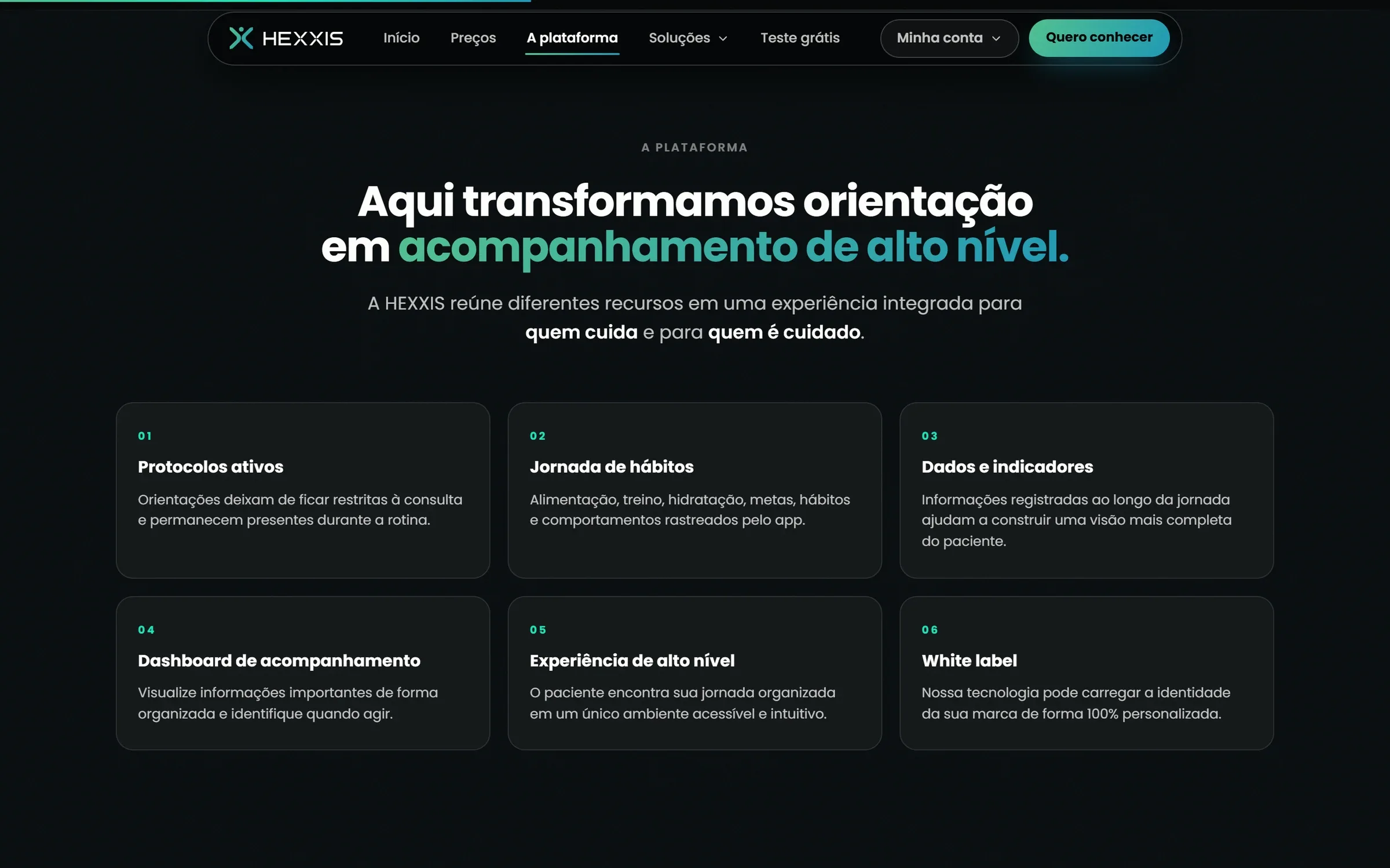 Seção A plataforma do Hexxis com seus recursos