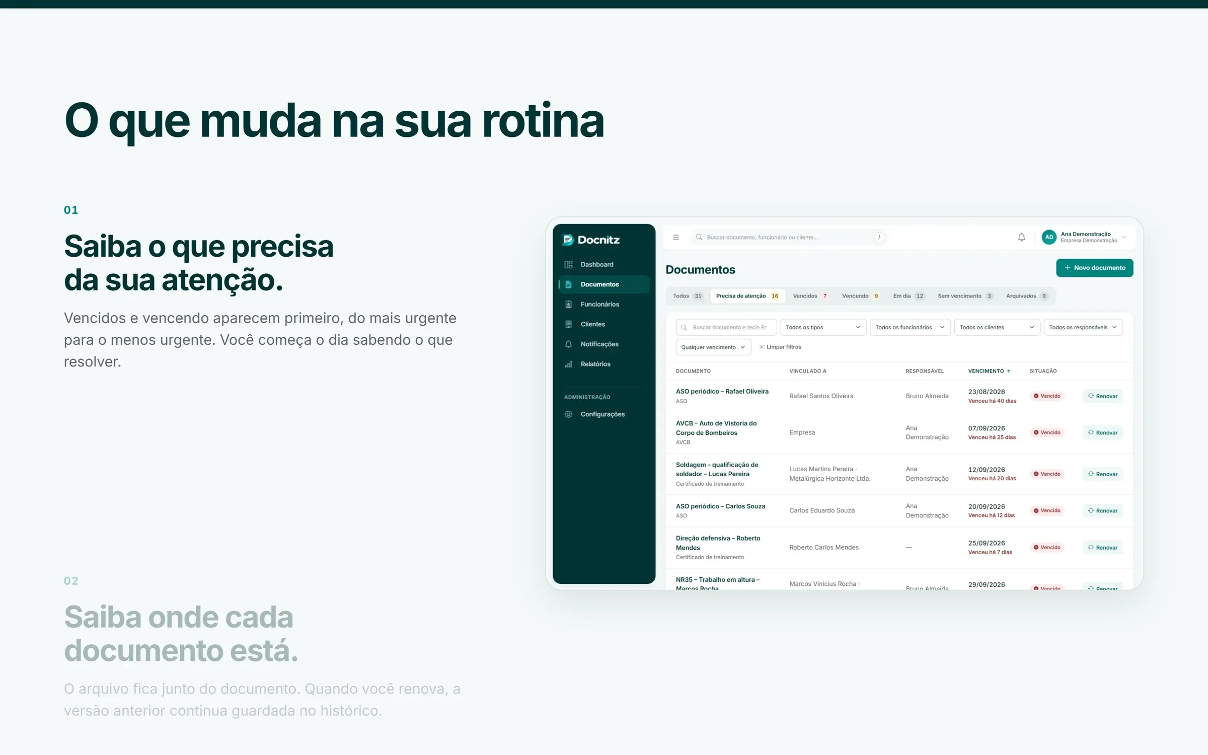 Seção O que muda na sua rotina, com a lista de documentos do Docnitz