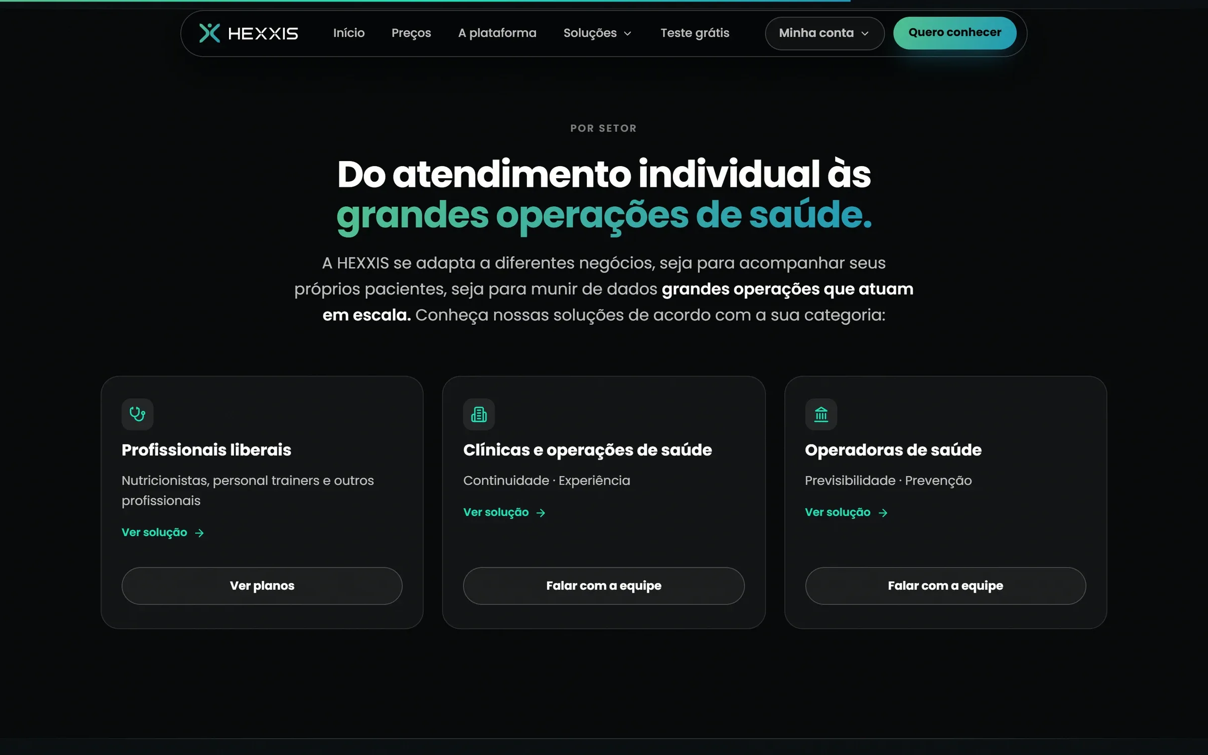 Seção de soluções do Hexxis por setor